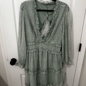 Green Long Sleeve Romper with Ruffle Details